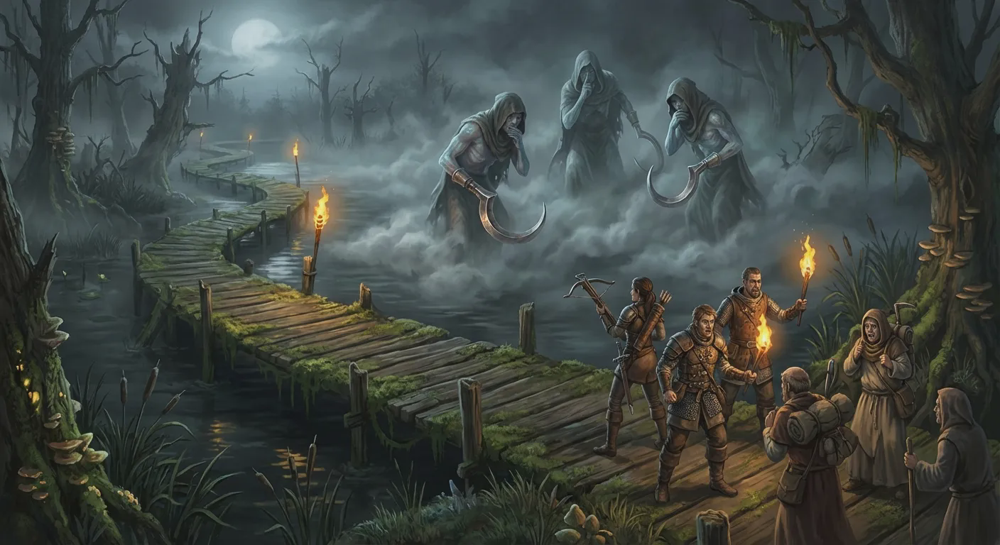 Clawed figures emerging from the marsh mist
