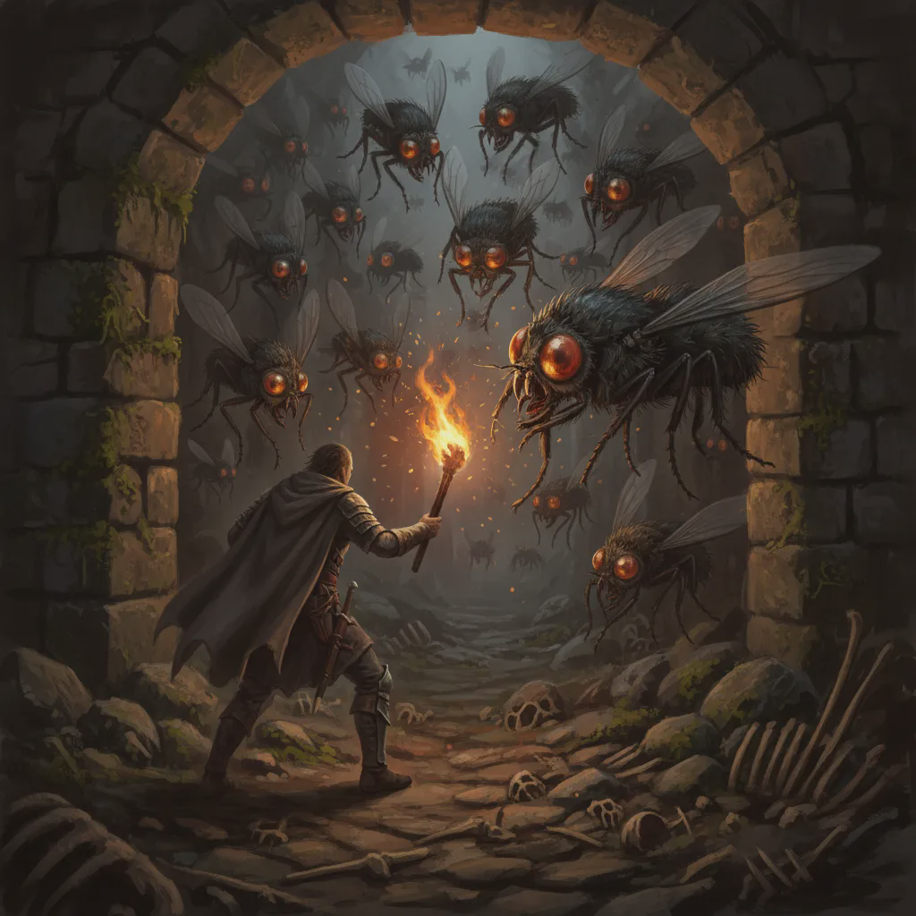Giant flies swarming toward torchlight in the barrow corridor