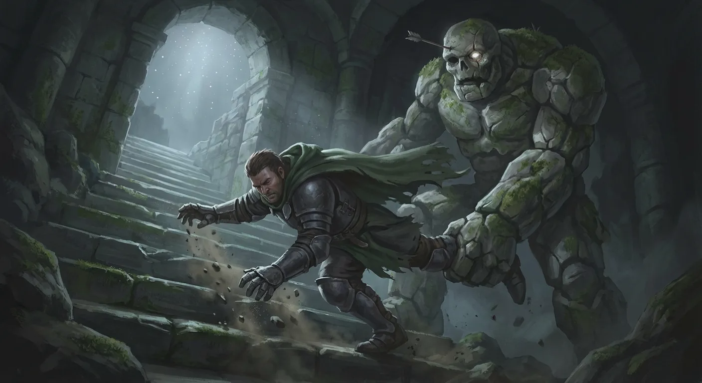A barrow guardian drags Bancroft back down the steps