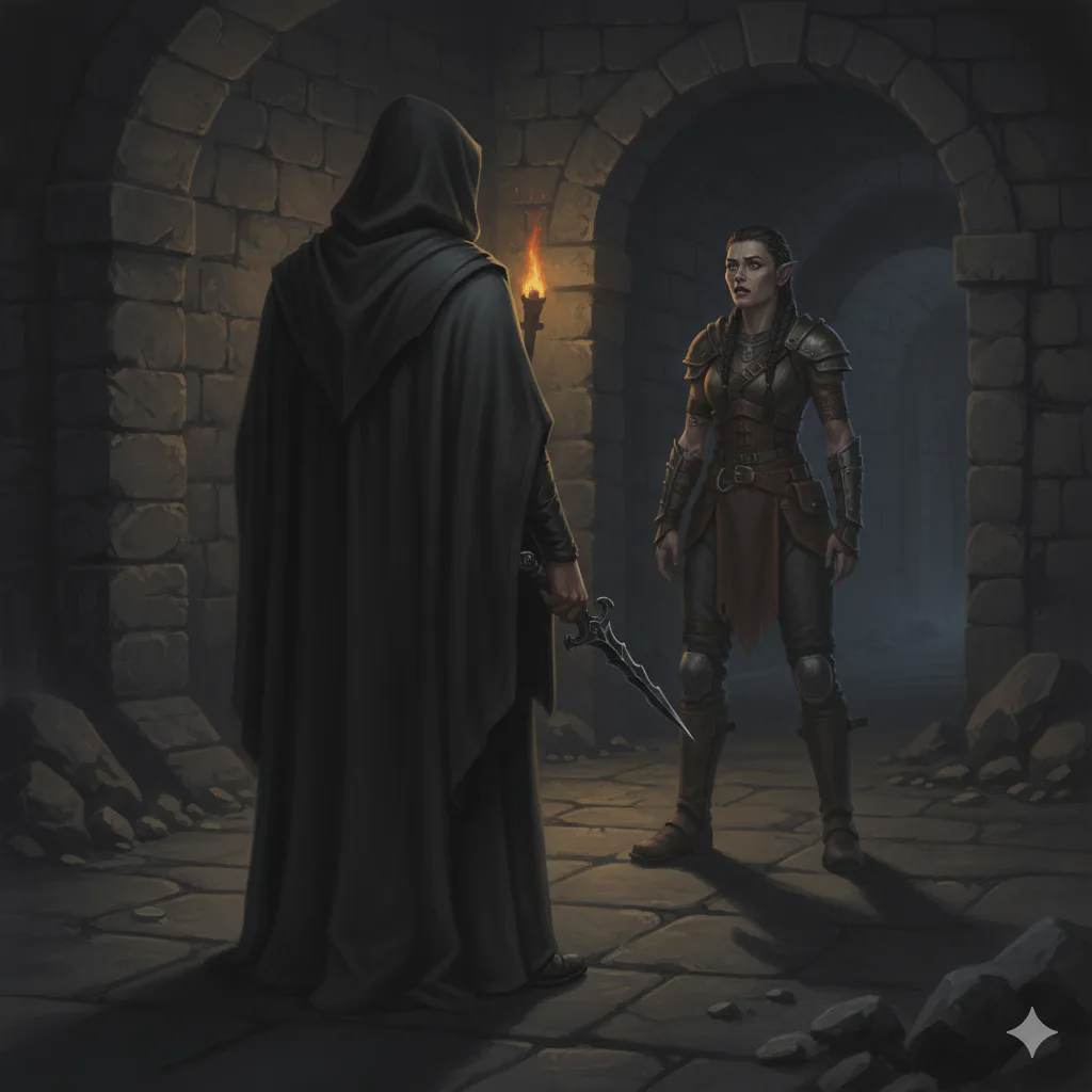 The Necrolyte of Nergal faces Riyou in a dark barrow passage, his certainty absolute, her dread recognition complete