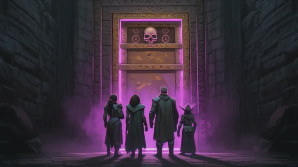 The Nergalite bronze door glows with sinister magical aura, skull of Nergal embossed at the top, pentagrams framing the keyhole