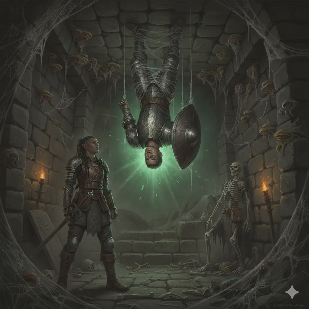 Bancroft suspended upside-down from the ceiling in spider webs, his shield glowing green, Irulan looking up from below