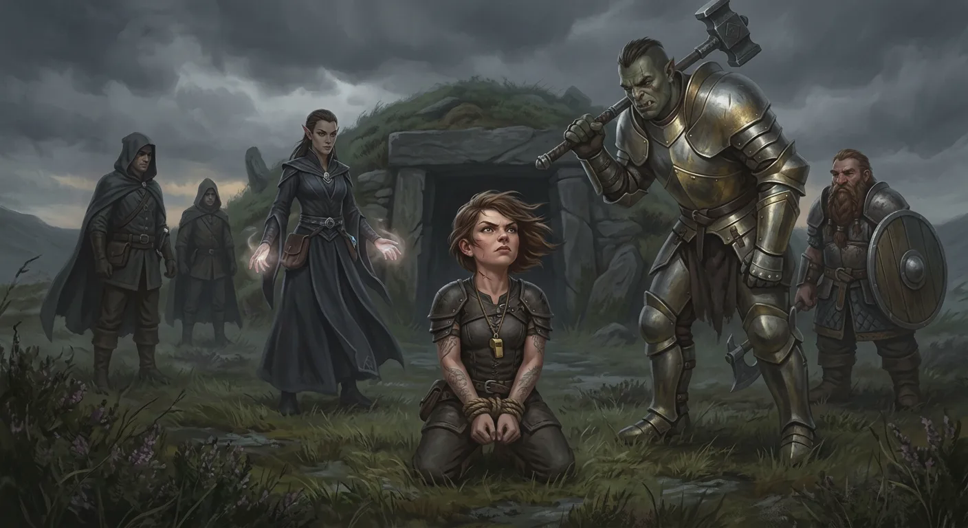 The halfling thief Riyou kneels small and defiant in the center of a circle of leveled adventurers on the open moor, the half-orc Grak Bloodshield in plate mail looming over her with his warhammer at the ready