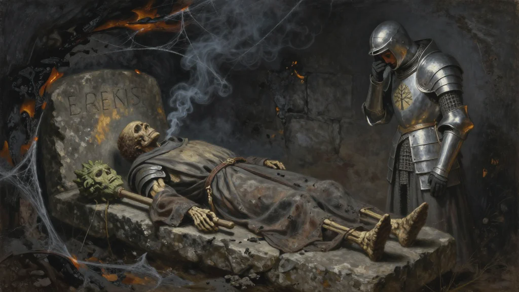 A small smoke-blackened stone burial chamber, webs burned away, walls scorched. On a stone slab lies a charred, near-skeletonized body in the burned remains of clerical robes, both hands clutching a wooden cudgel carved with the face of the Green Man. Above the slab, soot wiped away, a name is cut into the stone. Bancroft, a human cleric in plate, stands at the foot of the slab with his head bowed, stricken. Smoke hangs in the torchlight.