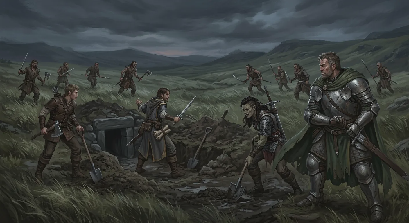 Adventurers at a barrow dig site on an open moor as armed bandits approach across the grassland