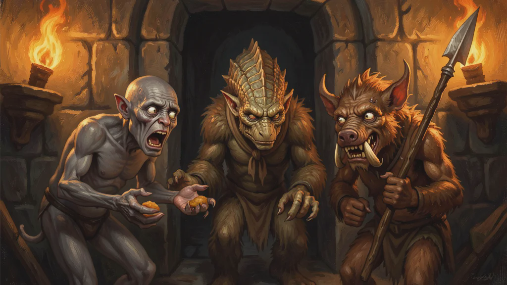 Three twisted mongrel-folk in a dark stone doorway, lit by torchlight, offering food to the party.