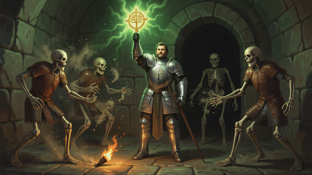 A human cleric in plate armor, Bancroft, stands with one arm raised holding aloft a holy symbol that blazes with green light in a dark stone barrow chamber. All around him skeletons are crumbling to powder and motes, their bones dissolving into nothing. A relit torch burns to one side. His face is set and plain, not triumphant -- a workman doing the work he is for.
