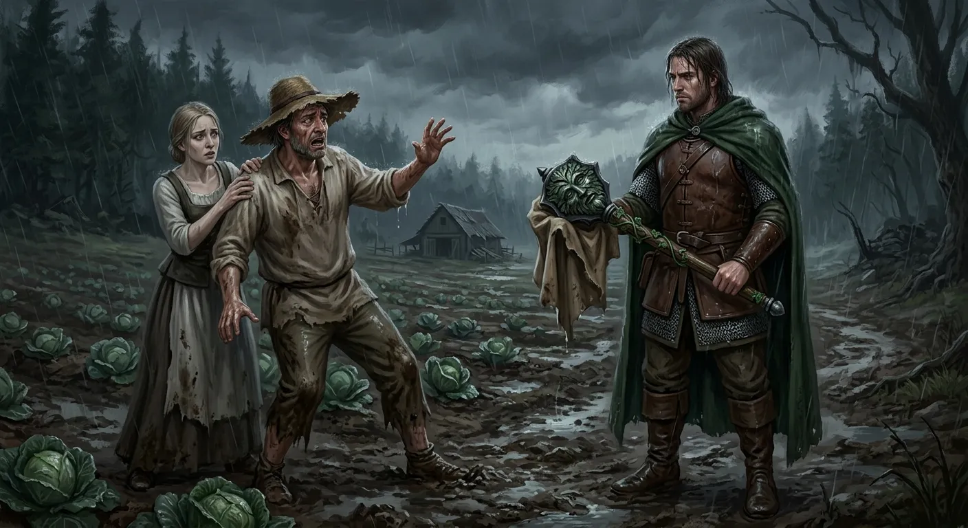 A frightened farmer in a wide-brimmed hat recoils in the rain, his wife behind him among wet cabbages, as Bancroft in leather and a green cloak half-reveals the Green Man mace.