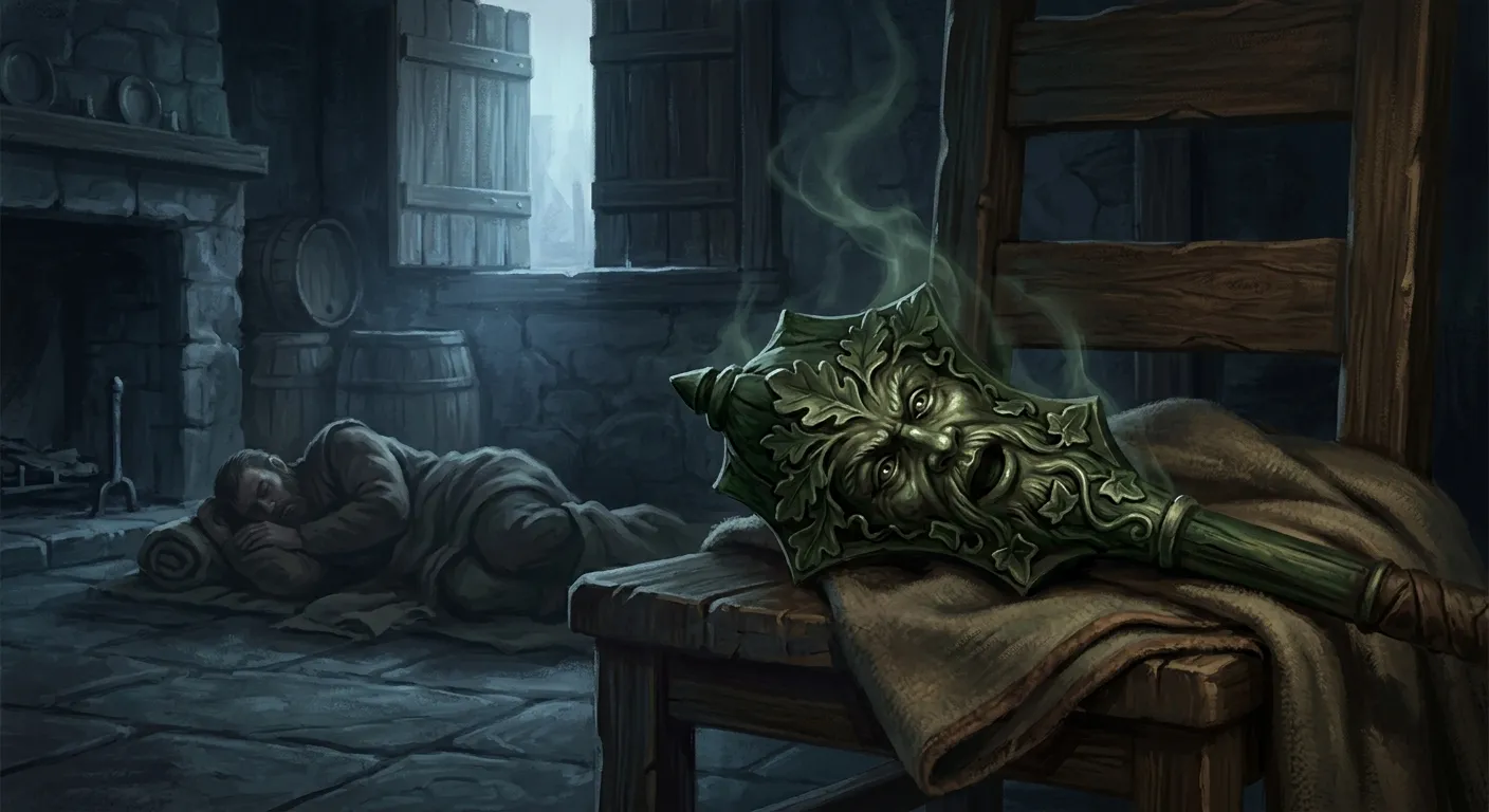 The Green Way mace, carved with a Green Man's face, slipped from its blanket on a chair in a dim dawn room, thin smoke rising, while Bancroft sleeps on the floor.